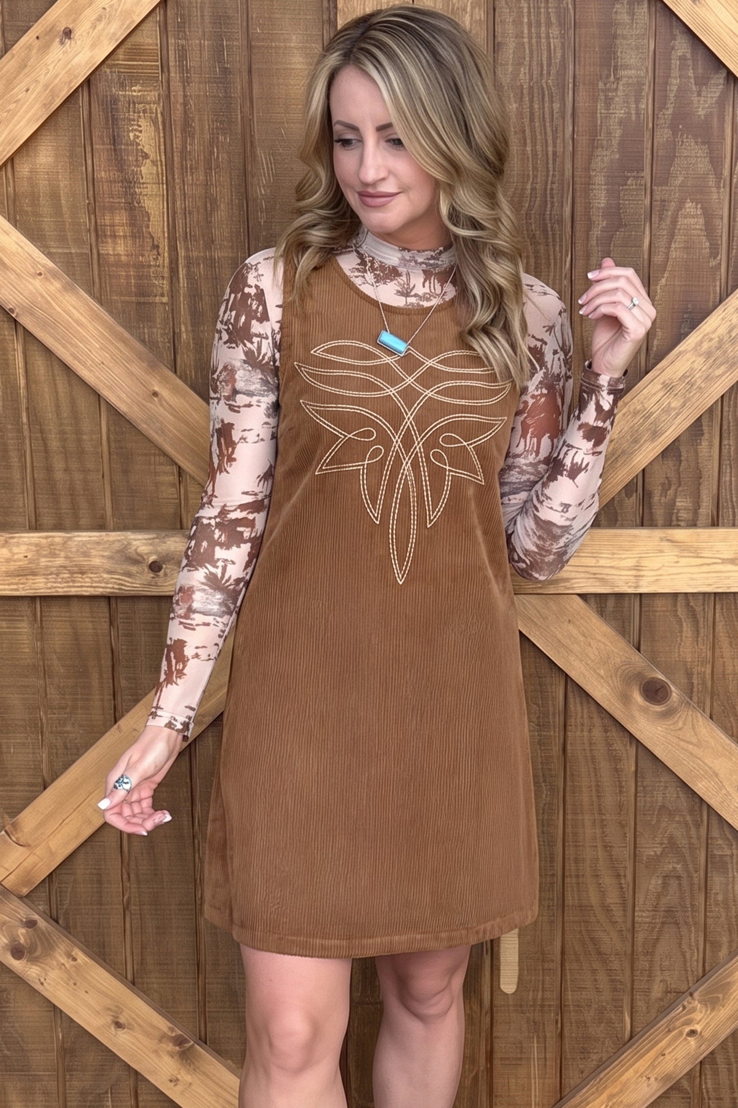 Coffee Geometric Embroidery Sleeveless Corduroy Shift Dress