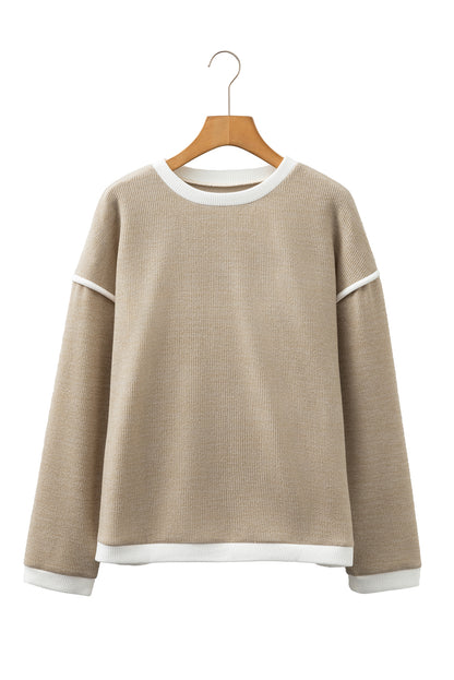 Four Leaf Clover Contrast Color Trim Knit Drop Shoulder Loose Top