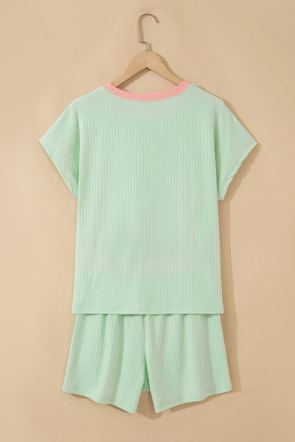 Yellow Cream Soft Ribbed Color Block Trim Casual Short Set