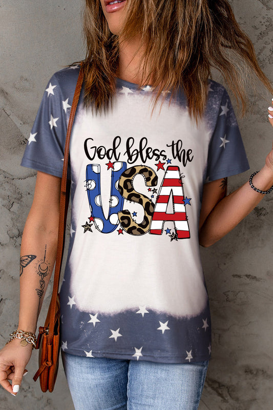 Blue God Bless the USA Bleached Stars T Shirt