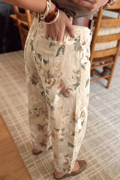 Khaki Retro Floral Print Relaxed Barrel Jeans