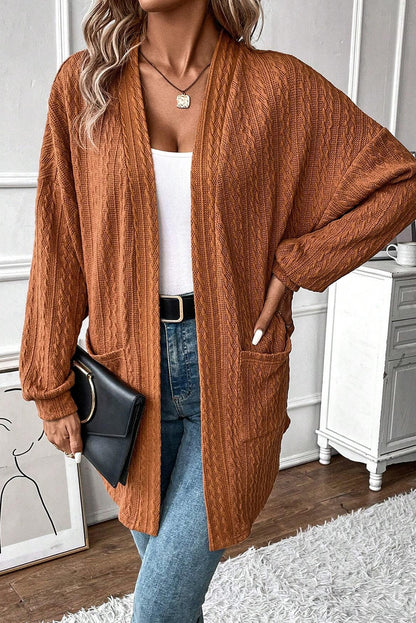 Cardigan ouvert sur le devant en tricot texturé marron avec poches latérales