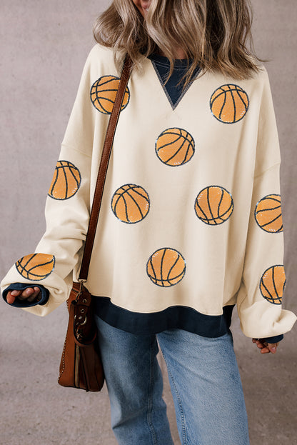 Sweat-shirt blanc à paillettes et bordures colorblock à motif graphique de basket-ball