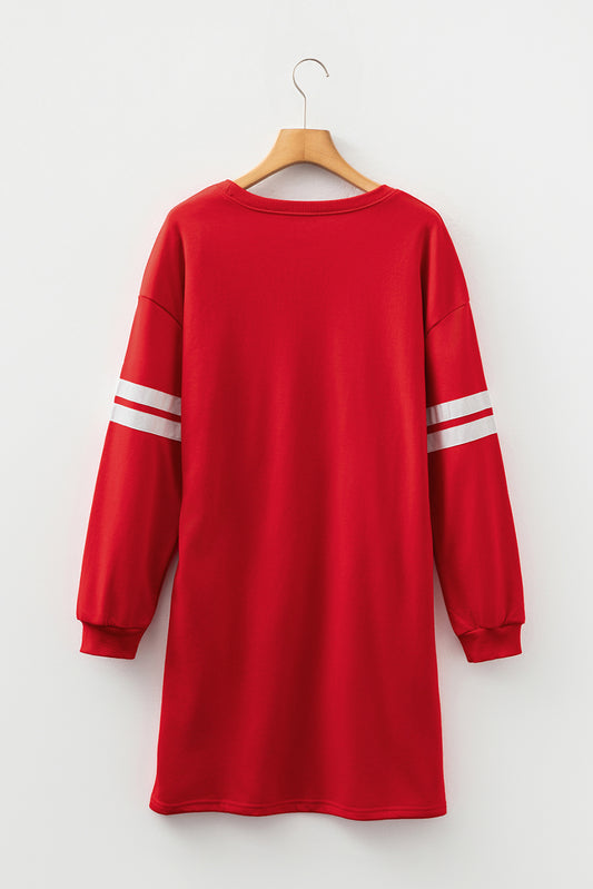 Fiery Red Varsity Contrast Banded Sleeve Shift Sweatshirt Dress
