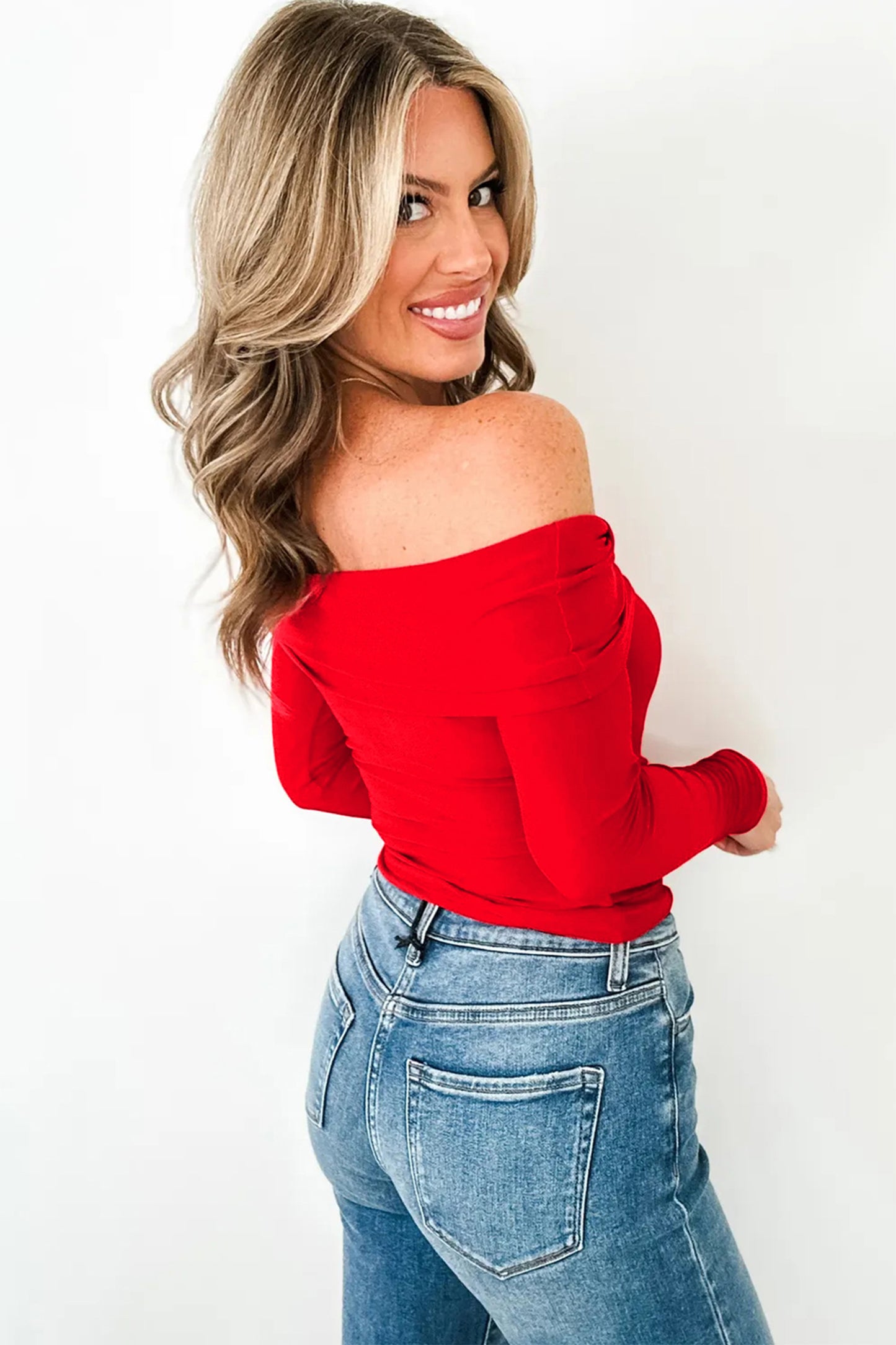 Fiery Red Foldover Off Shoulder Long Sleeve Slim Top
