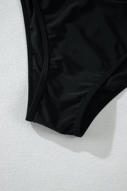 Bikini push-up noir à col en V et bordure en maille transparente