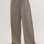 Khaki Stripe Button Pocket Tie Waist Casual Wide Leg Pants