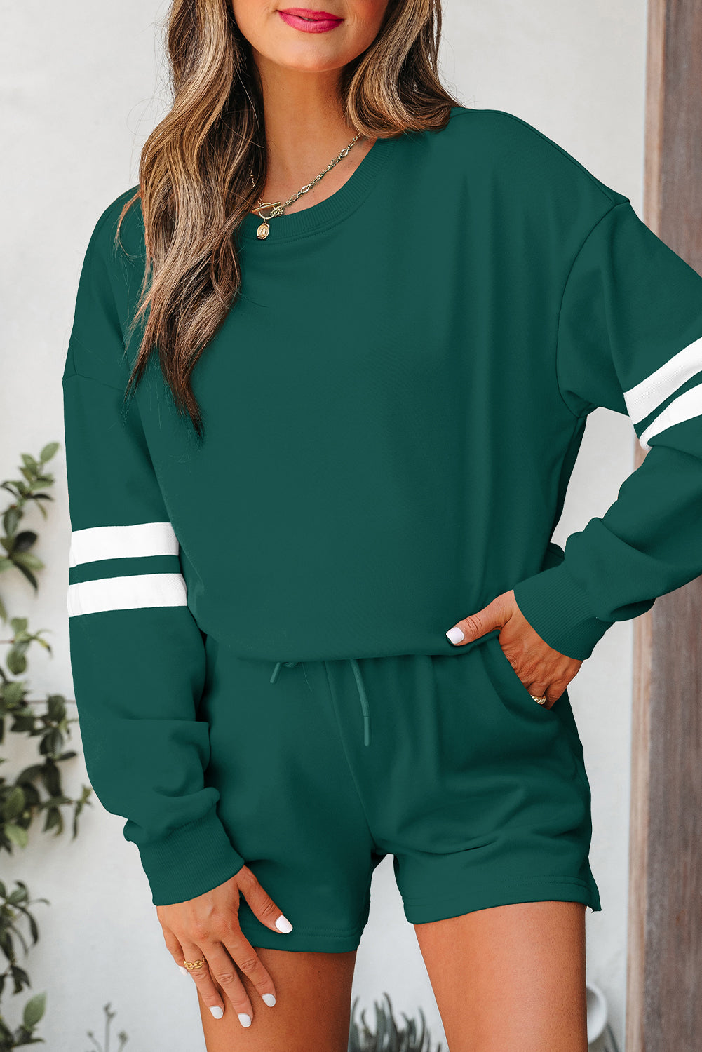 Evergreen Varsity Striped Sleeve Drop Shoulder Sweatshirt and Short Set