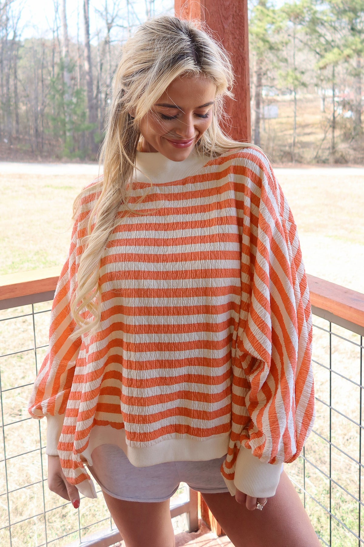 Orange Stripe Textured Contrast High Neck Long Sleeve Top Elastic Waist Pants 2pcs Set