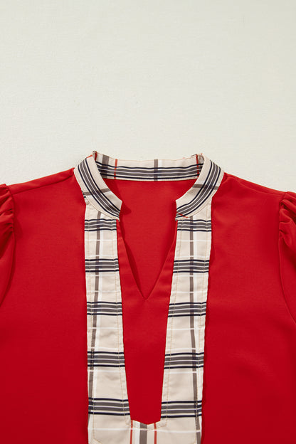 Racing Red Contrast Plaid Patchwork V Neck Long Sleeve Blouse