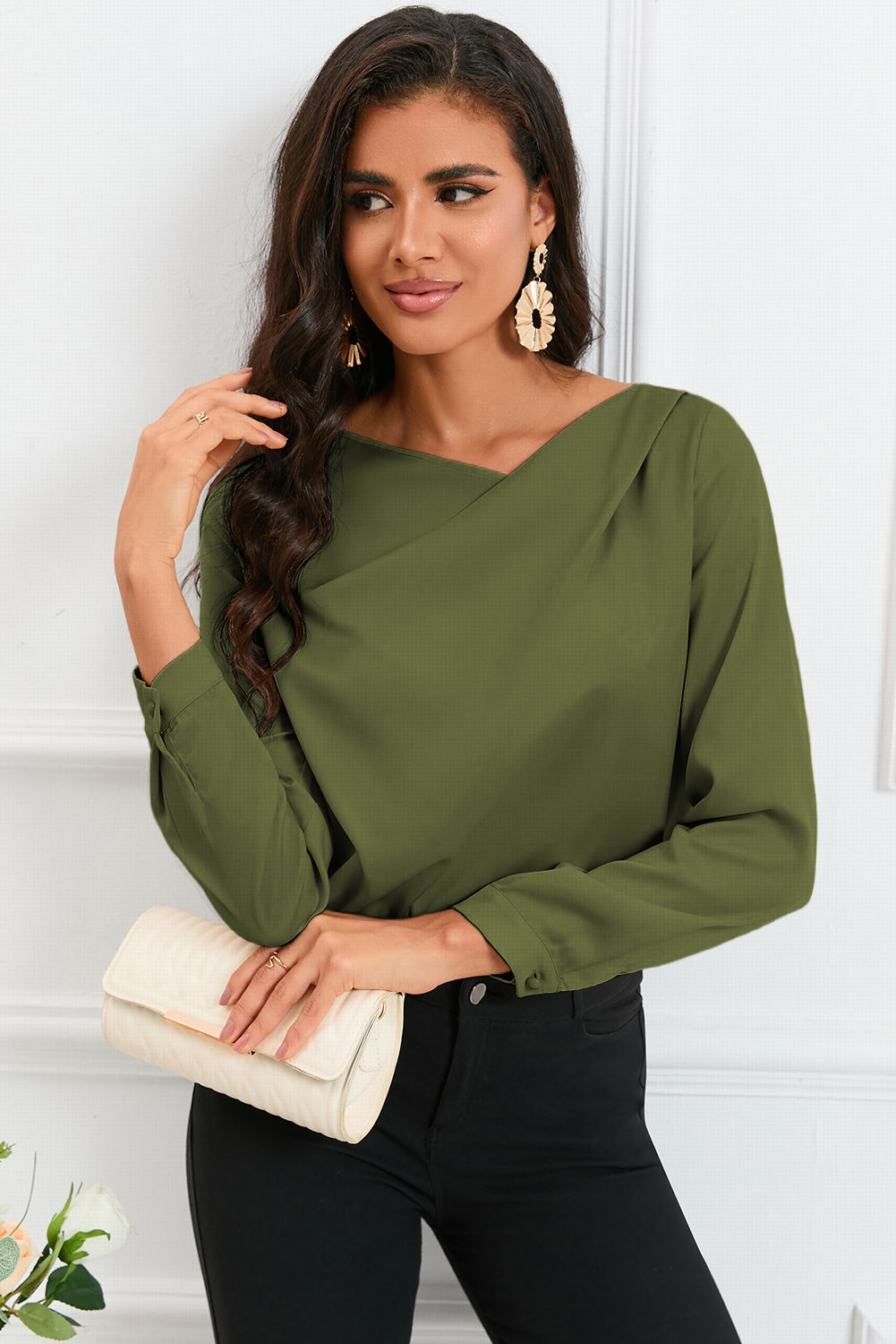 White Solid Asymmetric V Neck Long Sleeve Satin Blouse