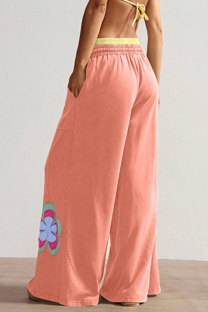 Grapefruit Orange Color Block Flower Patchwork Drawstring Contrasted Elastic Waist Wide Leg Pants