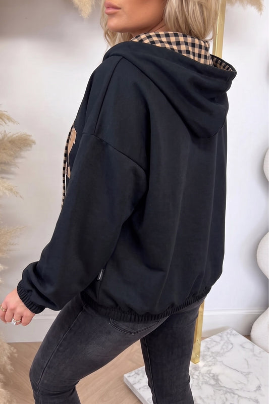 Black PRAY Mix Pattern Letter Graphic Plaid Contrast Drawstring Hoodie