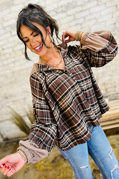 Brown Plaid Patchwork Long Sleeve Button Hooded Blouse