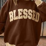 Coffee Polka Dot Trim High Neck BLESSED Letter Graphic Baggy Sweatshirt