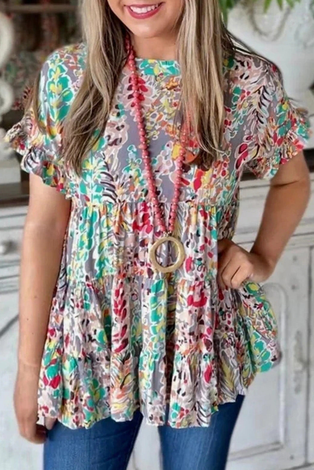 Top babydoll con mangas con volantes y estampado floral