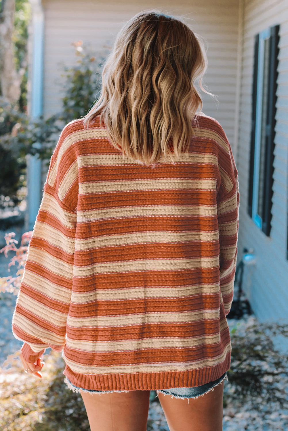 Orange Stripe Ribbed Trim Drop Shoulder Sweater