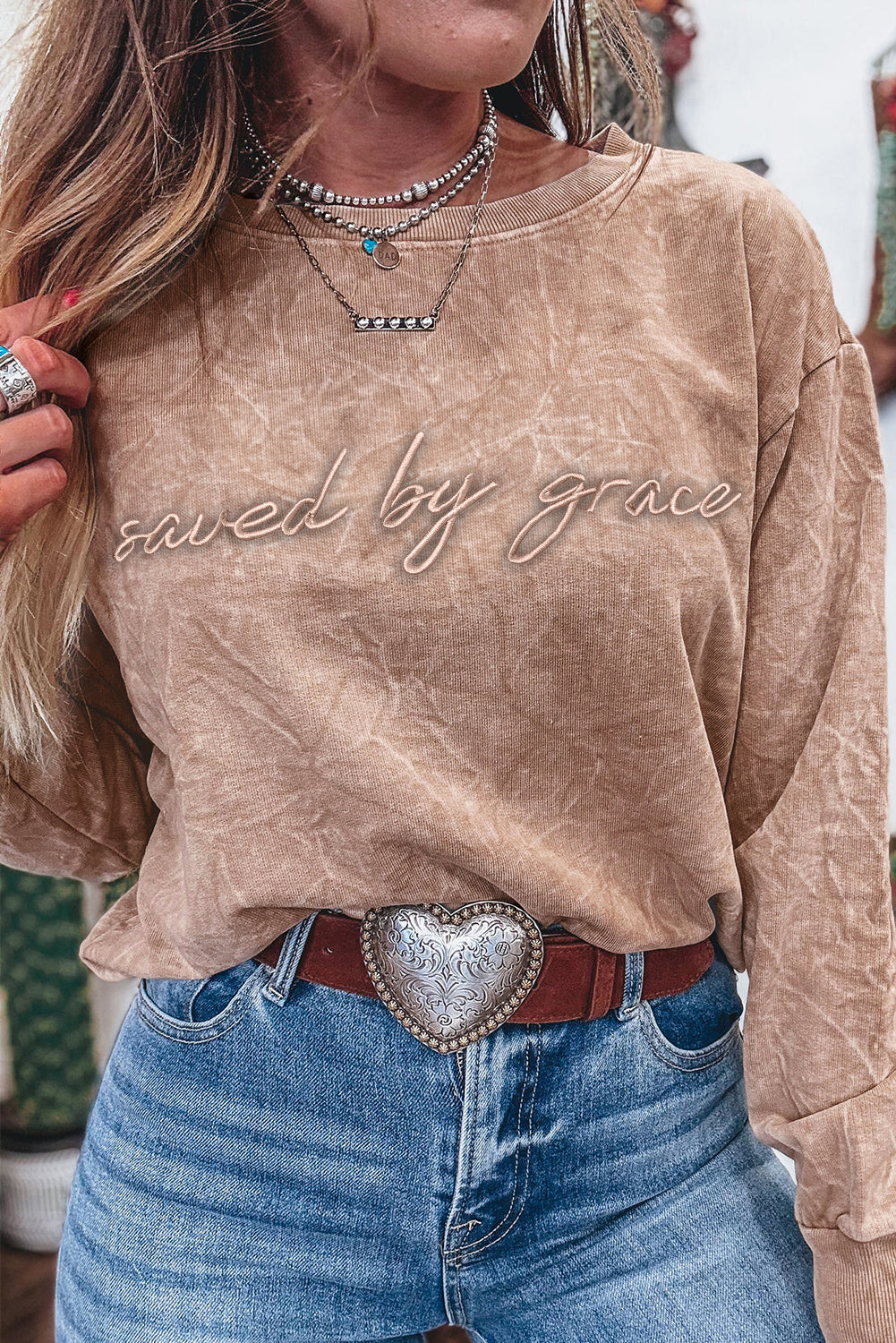 Sea Green saved by grace Letter Embroidery Mineral Wash Loose Sweatshirt