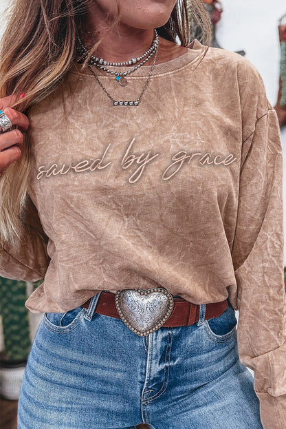 Sea Green saved by grace Letter Embroidery Mineral Wash Loose Sweatshirt
