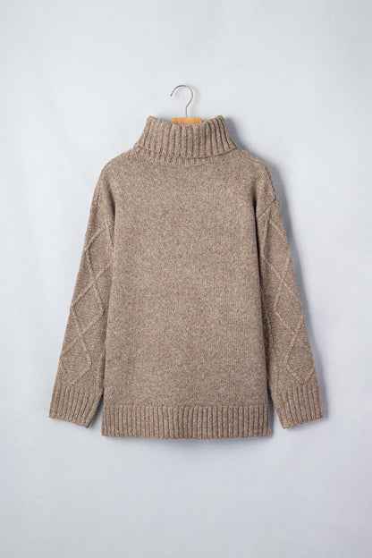 Dark Khaki High Neck Drop Shoulder Cable Knit Regular Length Sweater