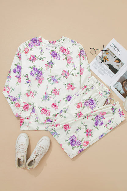 Apricot Floral Print Pullover Drawstring Lounge Pants Set