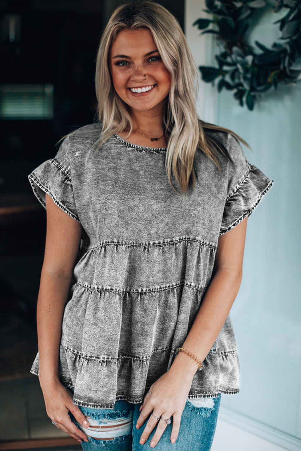 Flutter Sleeves Tiered Denim Top