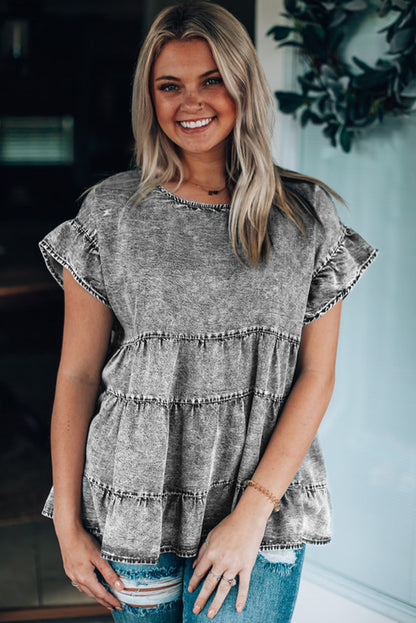 Flutter Sleeves Tiered Denim Top