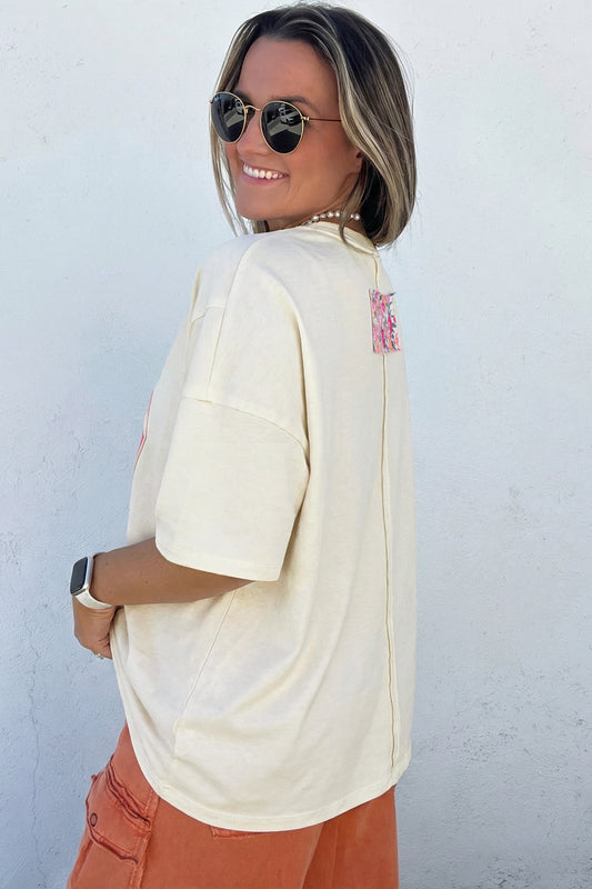 Jet Stream Floral Patched Raw Seam Big Flower Oversize Tee