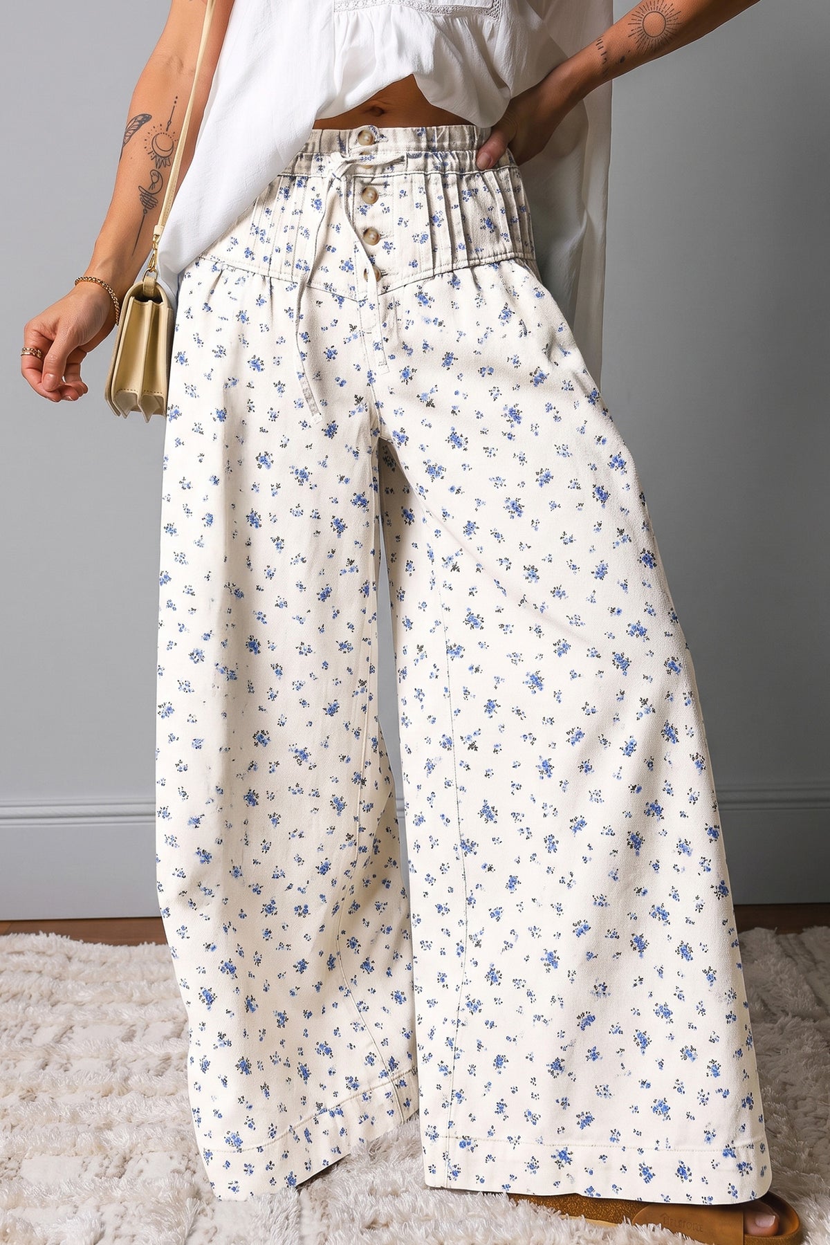 White Button Drawstring Pleated High Waist Floral Wide Leg Jeans