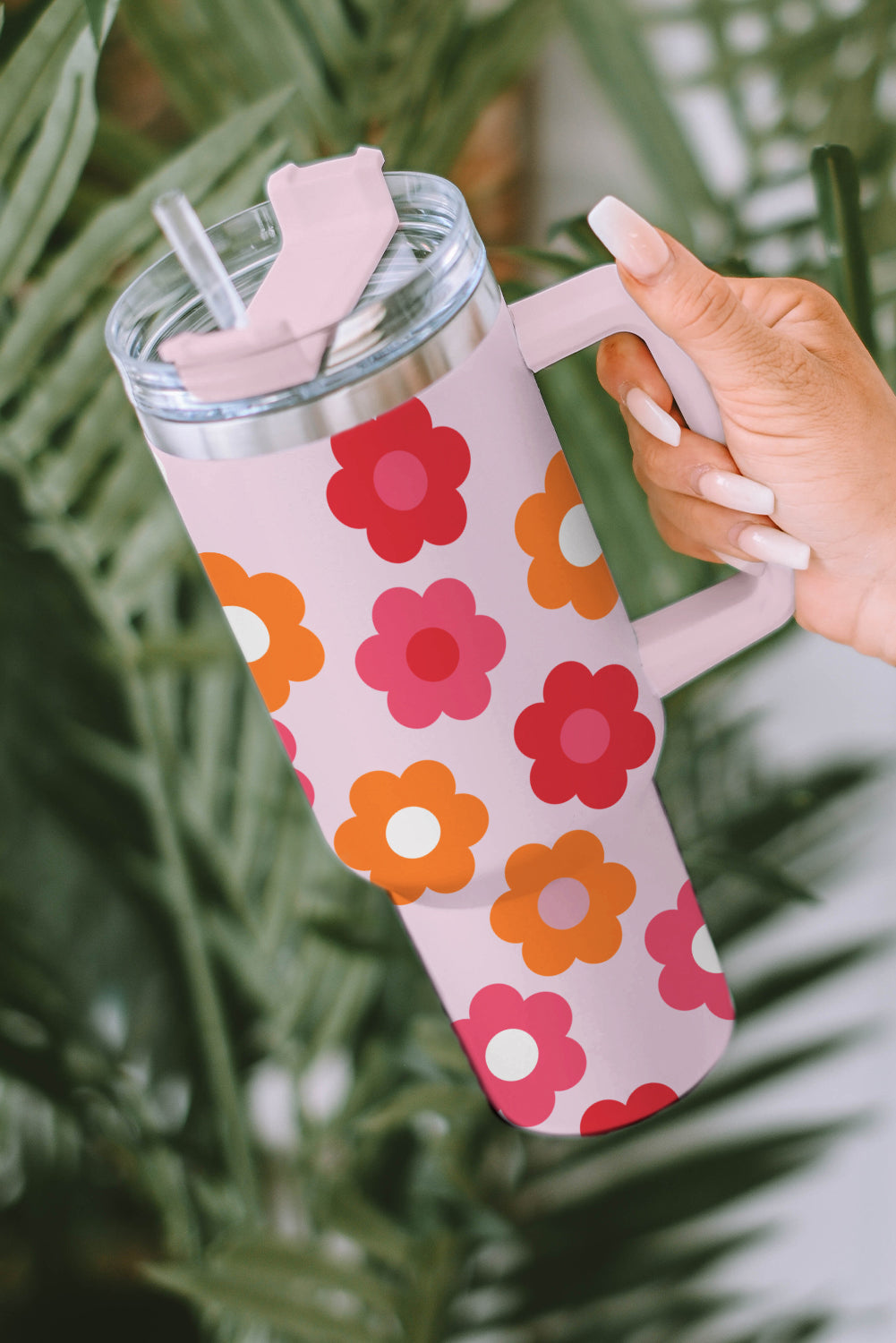 Taza de vacío de acero inoxidable con asa y estampado de flores multicolores