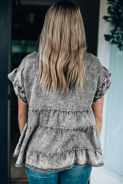 Flutter Sleeves Tiered Denim Top