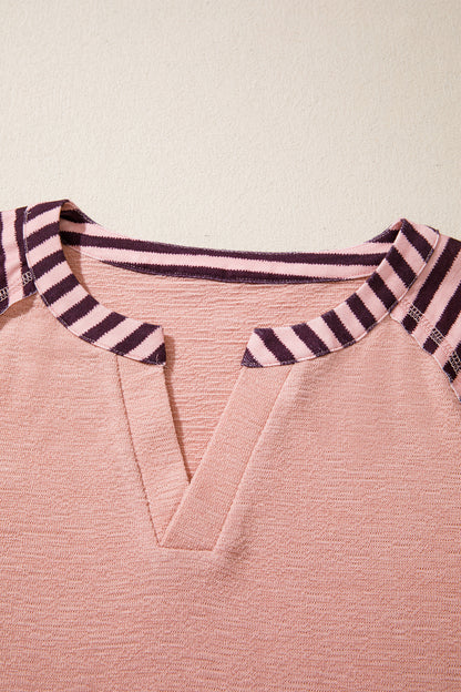 Light Pink V Neck Colorblock Patchwork Striped Floral Long Sleeve Casual Top