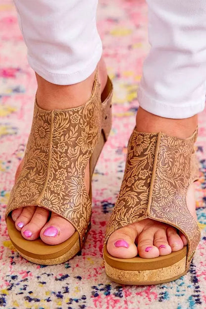 Vintage Floral Leather Rivet Hollowed Platform Sandals