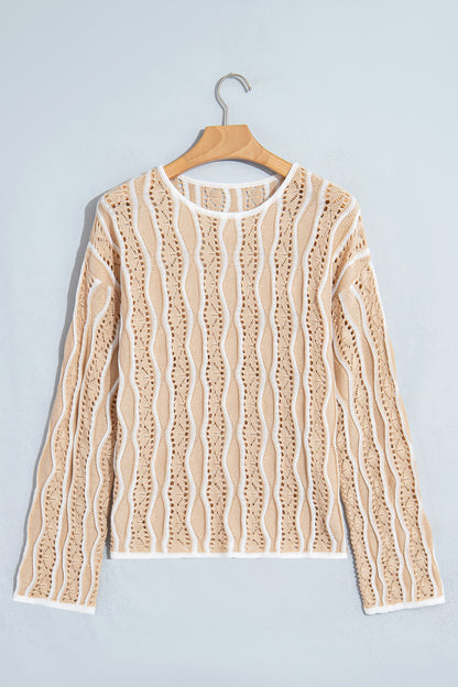 Khaki Wavy Detail Hollow Out Knit Long Sleeve Cotton Pullover Sweater