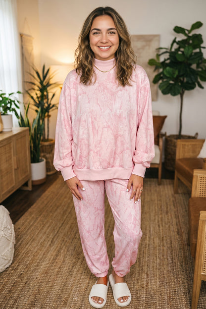 Pink Camouflage Print Stand Neck Long Sleeve Regular Fit Plus Size Set