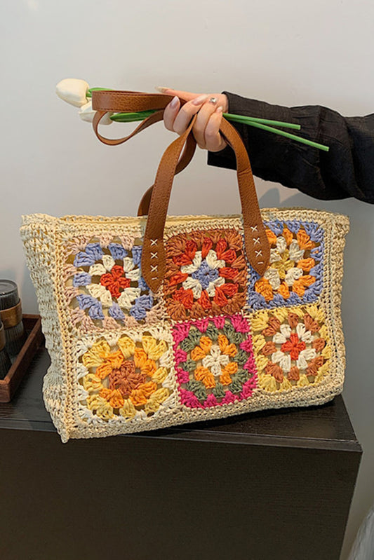 Beige Floral Crochet Large Square Tote Bag