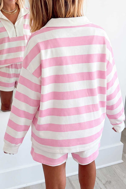 Pink Stripe Patchwork Zipper Pullover Elastic Waist Shorts 2pcs Set
