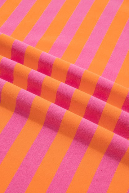 Orange Stripe Color Block Patchwork Mock Neck Pullover Drawstring Mini Skort Set