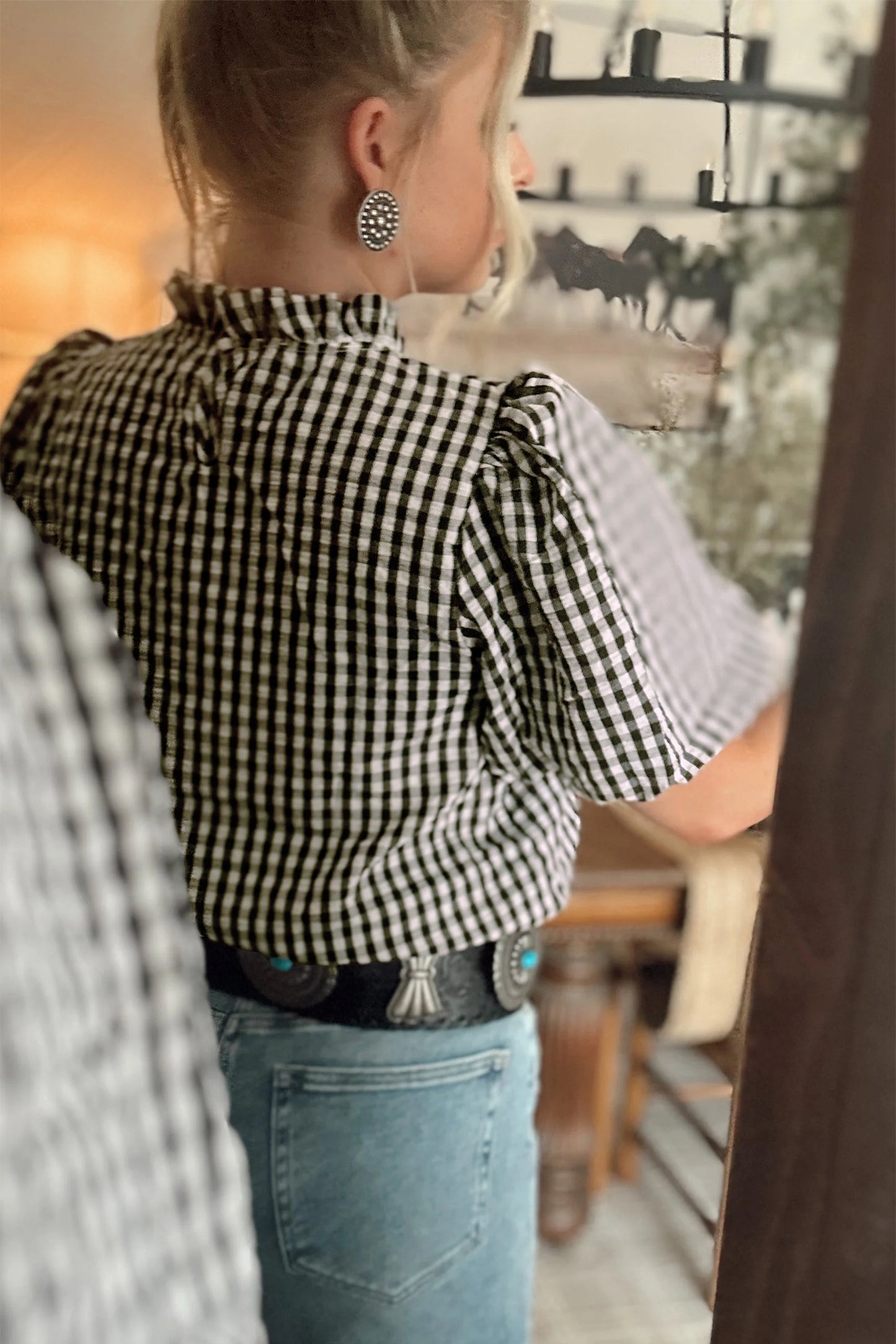Black Plaid Short Puff Sleeve Frilled Neck Blouse
