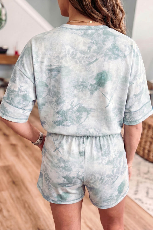 Green Casual Camouflage Short Sleeve Elastic Waist 2pcs Set