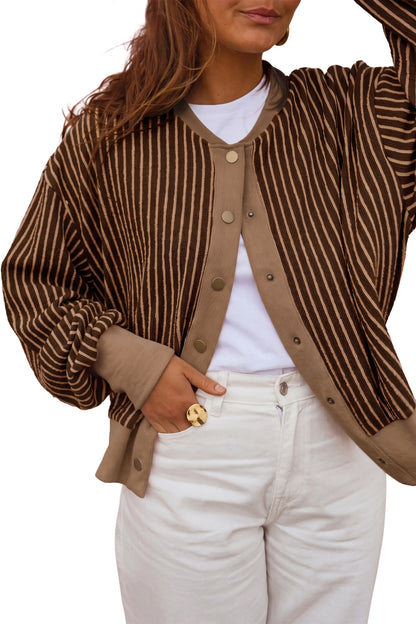 Brown Stripe Striped V Neck Patchwork Long Sleeve Regular Fit Cardigan