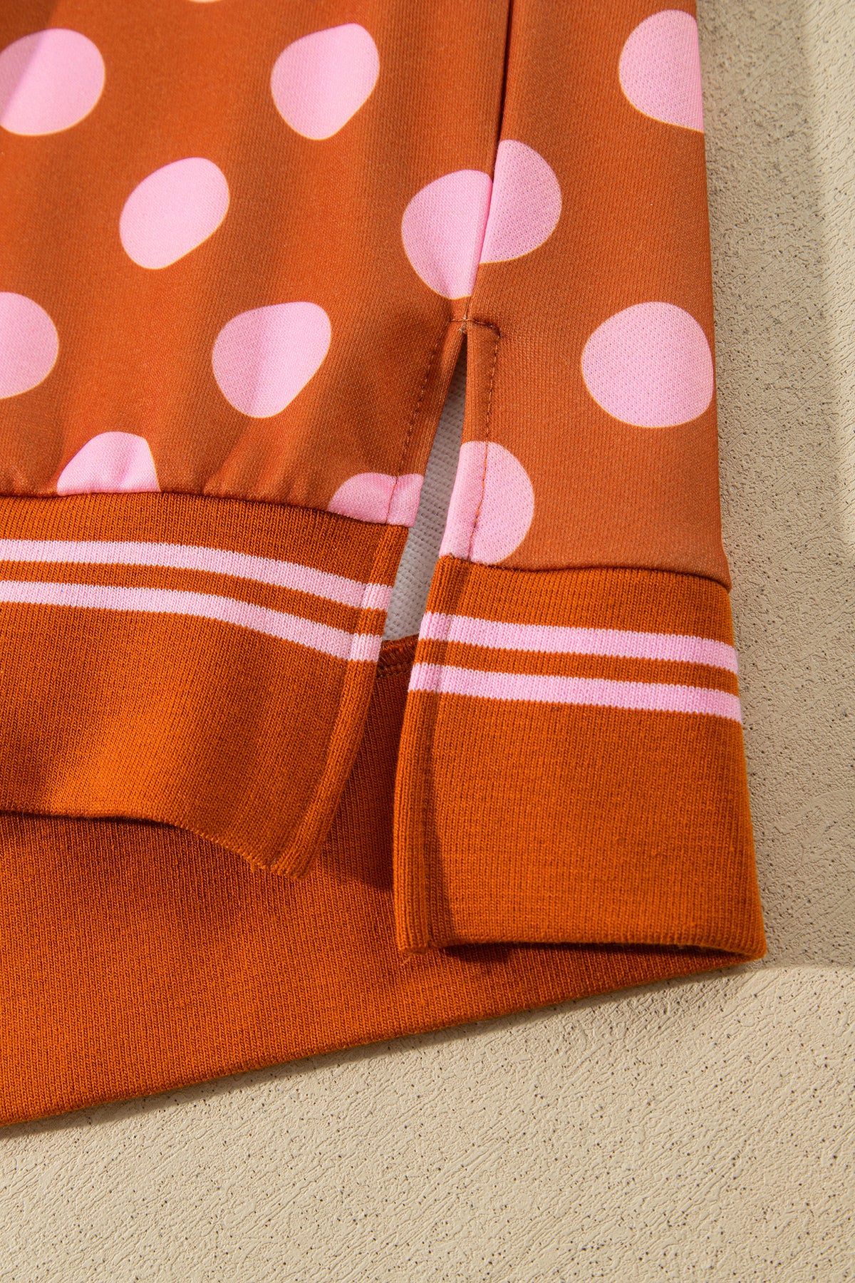 Brown Polka Dot Striped Trim Mock Neck Sweatshirt