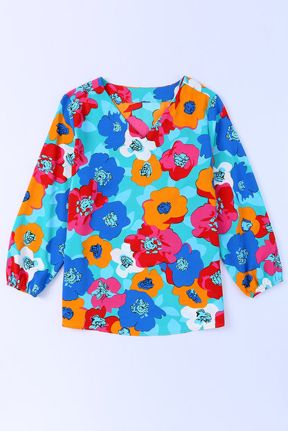 Blusa con cuello en V y manga 3/4 con estampado floral multicolor 