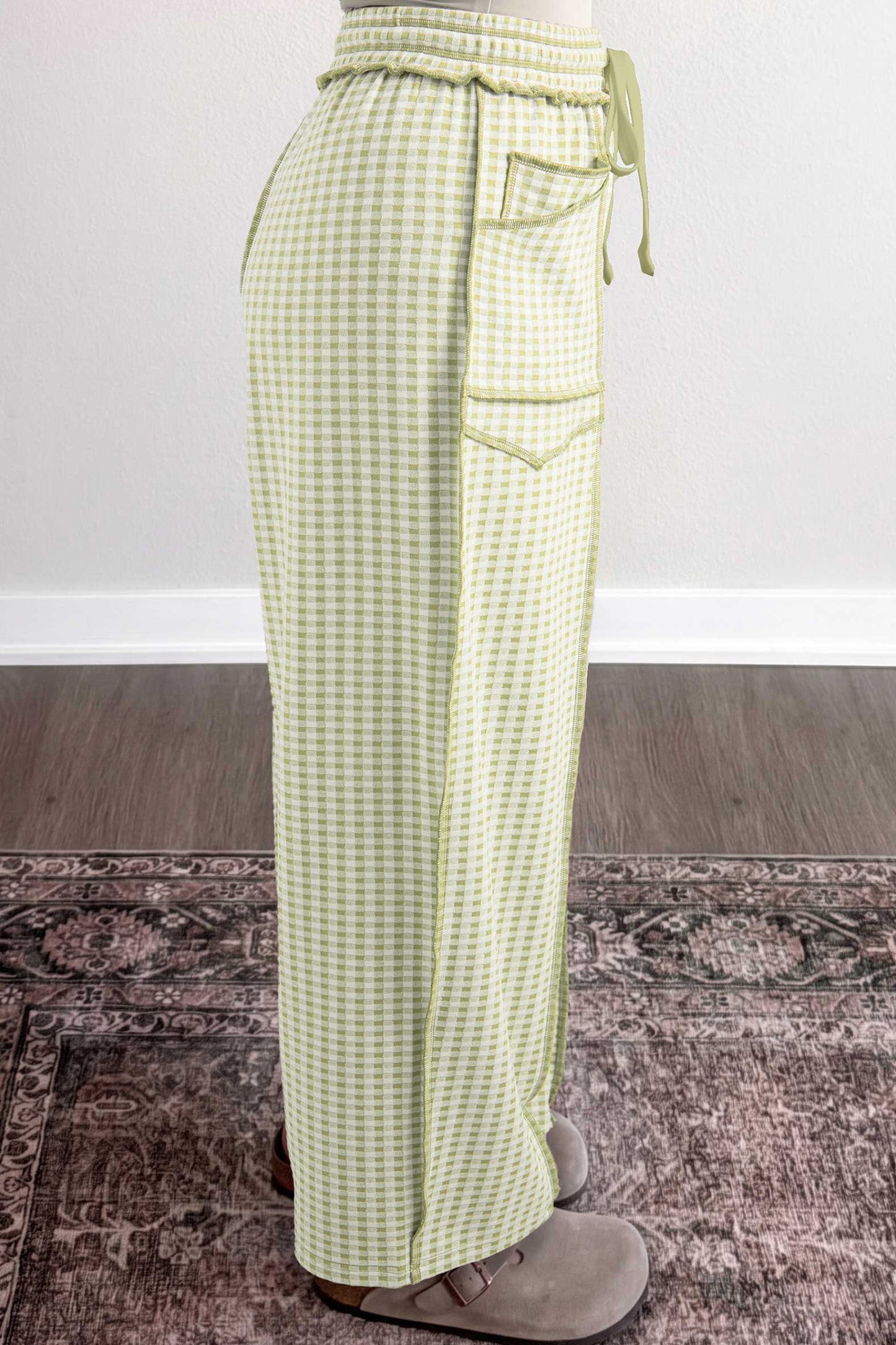 Green Plaid Contrast Trim Drawstring Elastic Waist Shift Pants