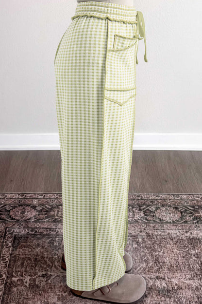 Green Plaid Contrast Trim Drawstring Elastic Waist Shift Pants