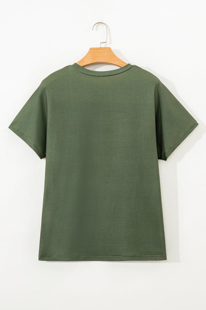 Four Leaf Clover Striped Half Buttons Crew Neck T-Shirt