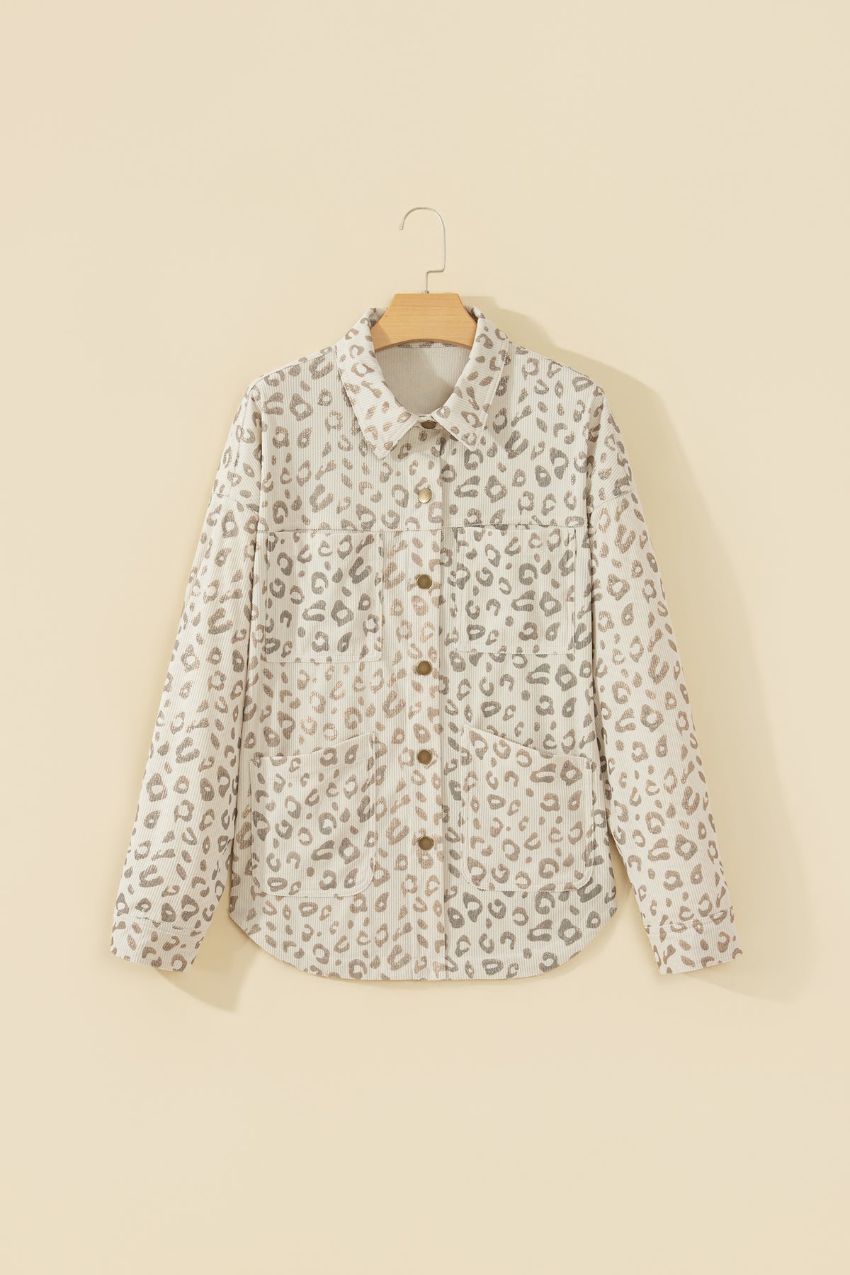 Khaki Leopard Print Corduroy Shirt Collar Long Sleeve Regular Fit Jacket