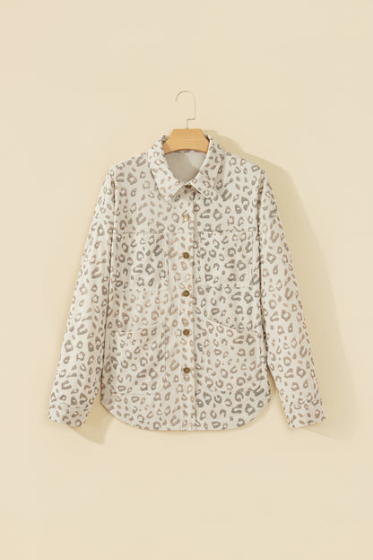 Khaki Leopard Print Corduroy Shirt Collar Long Sleeve Regular Fit Jacket