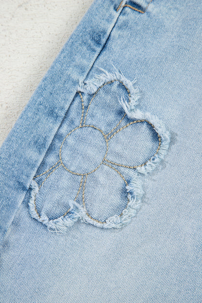Beau Blue Flower Patched Light Wash Cropped High Waist Barrel Jeans