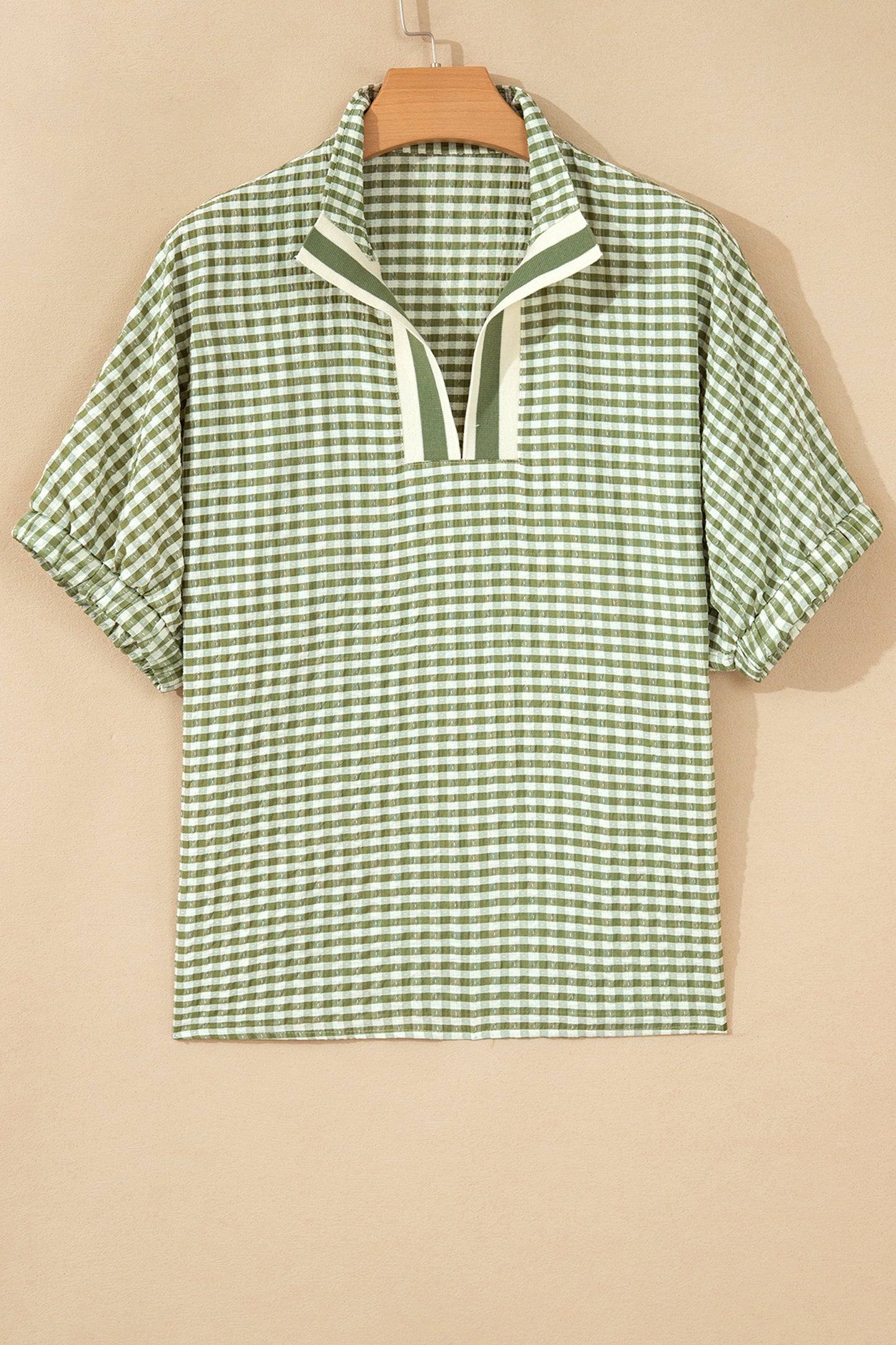 Green Plaid Short Sleeve Colorblock Trim Split Neck Blouse